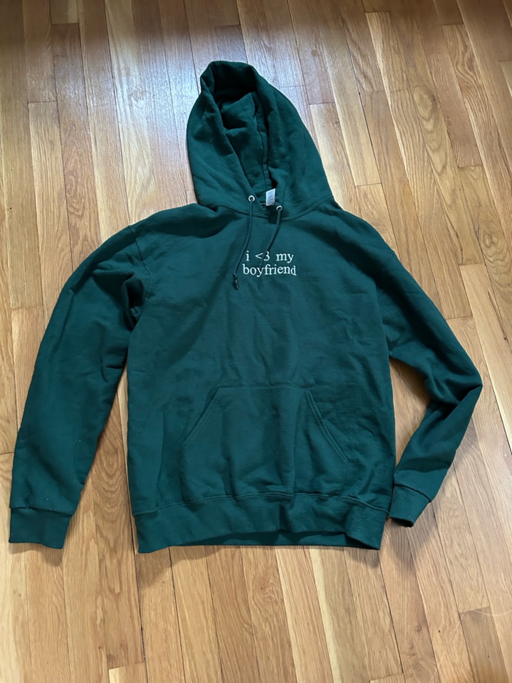 Used Jerzees Forest Green 'i <3 my boyfriend' Hoodie
Size Medium